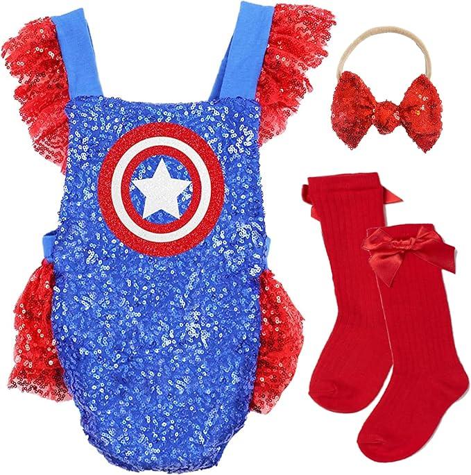 Captain America Baby Clothes, Socks&Bow Size 6-12 M, Blue & Red