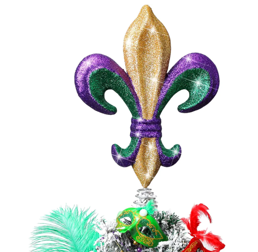 Soulchen 14“ Mardi Gras Tree Topper Fleur-de-lis Tree Topper Purple Green Gold Glitter Ornament for Carnival Holiday Party Home Wedding Decoration
