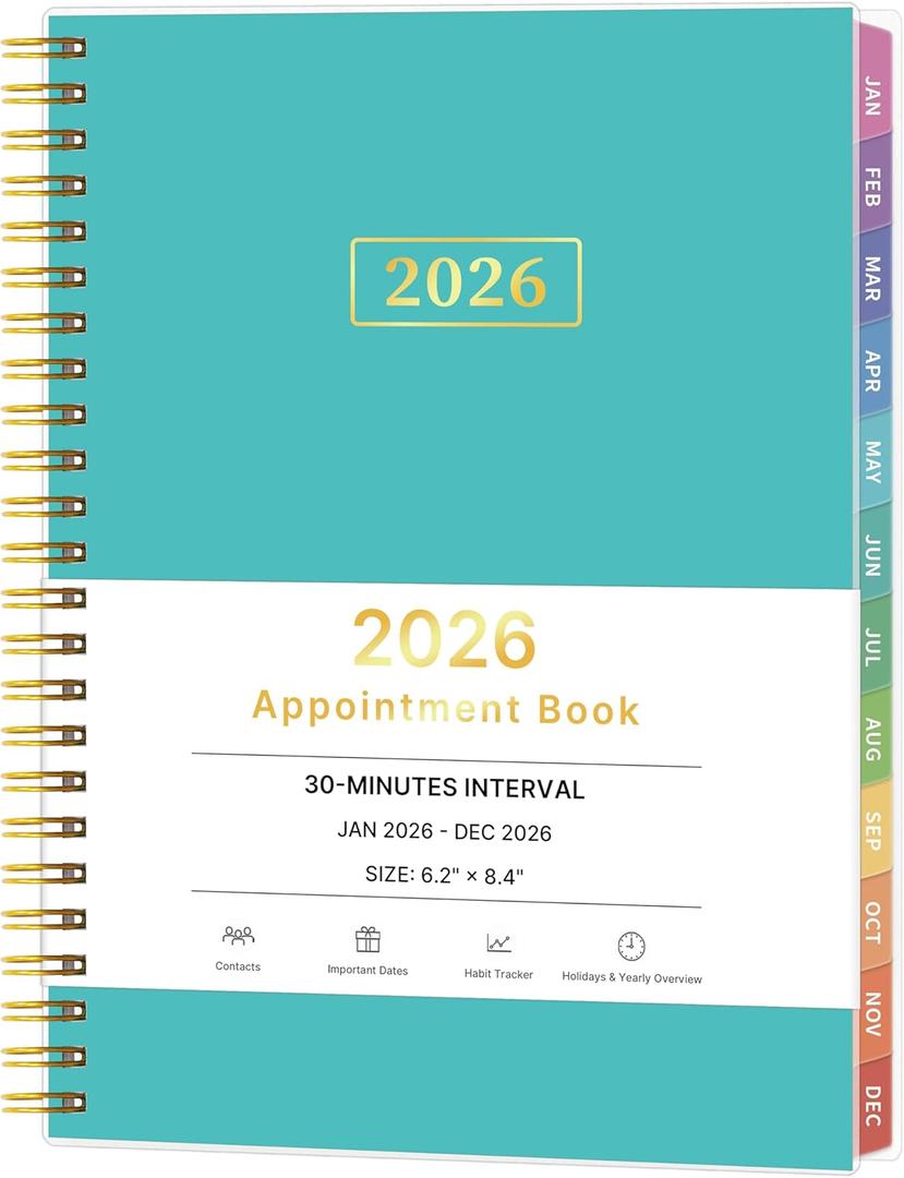 3 x 2026 Appointment Book, 30 Minutes-Hourly, Weekly  Monthly Calendar Planner 2026, Jan 2026 - Dec 2026, 6.2'' x 8.4'', 2026 Daily Planner with Tabs Pocket, Flexible Cover, Great for Office, Home, School (Turquoise)