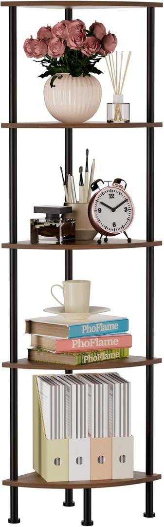 PhoFlame 5Tier Corner Shelf Stand, 52" Industrial Corner Display Rack for Living Room, Bookshelf, Tall Display Shelf, Plant Stand, Storage Standing Shelf for Bedroom, Bathroom, Kitchen, Brown