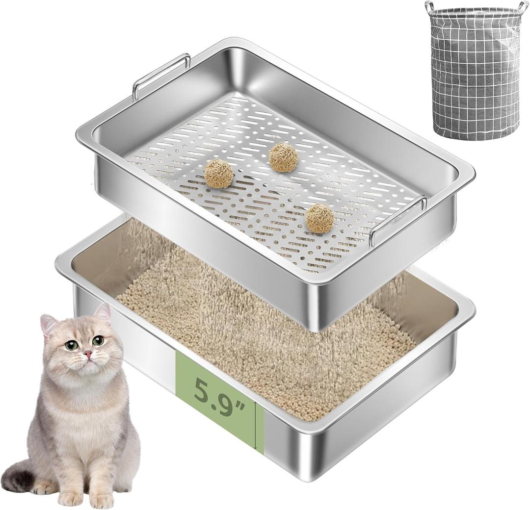 Stainless Steel Sifting Litter Box for Clumping Litter, Large Metal Sifter Litter Pan with Handle, Including Cat Litter Bag, Non-Stick, Odor Control, Easy Cleaning, (19.7" Lx13.8 Wx5.9 H)