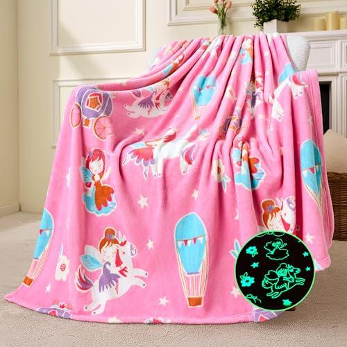 Joiedomi Glow in The Dark Blanket Unicorn Toys for Girls Age 2 3 4 5 6 7 8 9 10 11 12 Year Old Girl Gifts, Soft Cozy Flannel Kids Throw Blanket, Birthday Bedroom Decor 50"×60"