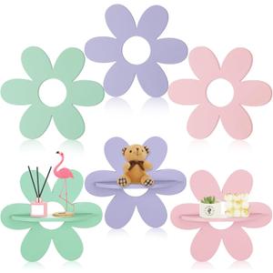 Tatuo 6 Pcs Daisy Flower Plant Wall Shelf Wooden Wall Sign, Cute Small Floating Shelves for Display Shelf for Bedroom Bathroom Living Room Funky Maximalist Kawaii Preppy Room Decor for Girl