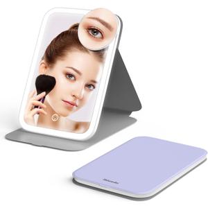 Mocado Travel Makeup Mirro with Lights, 360 Rotation Lighted Makeup Mirror, Portable Mirror with 10x Magnification, 60LEDs 3 Color Lightings, Dimmable Touch Screen, Tabletop Light up(Purple)
