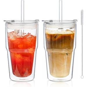 16oz Clear Double Wall Drinking Glass Cups with Lids and Straws, 2 Pc Set  Condensation Resistant Insulated Glass Can Tumblers for Cold Drinks,Iced Coffee,Tea,Juice and Mixed Drinks Cleaning Brush