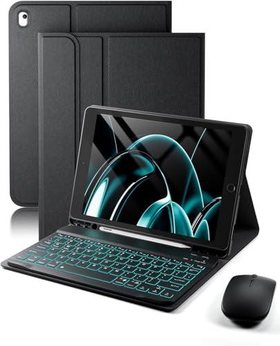TUNKARMOR for iPad 9th / 8th / 7th Generation 10.2 inch & iPad Air 3rd Gen & iPad Pro 10.5 inch Case with Keyboard 7 Color Backlit - Built in Pencil Holder with Mouse (Black)
