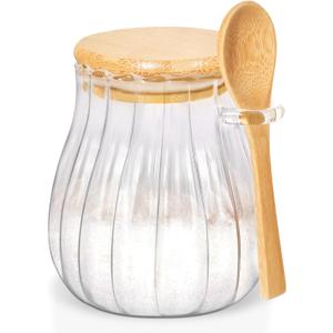 15oz Sugar Container with Bamboo Lid and Spoon,Sugar Bowl Glass Jar for Coffee Bar Accessories Coffee Canister Kitchen Decor (Medium)