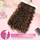 REECHO Curly Hair Extensions - 4PCS 18" GoGo Curly Clip in Hair Extensions 100% Super Protein Hairpieces with Invisible Lace Weft Silky Natural Look for Women - Chocolate Brown with Golden Highlights