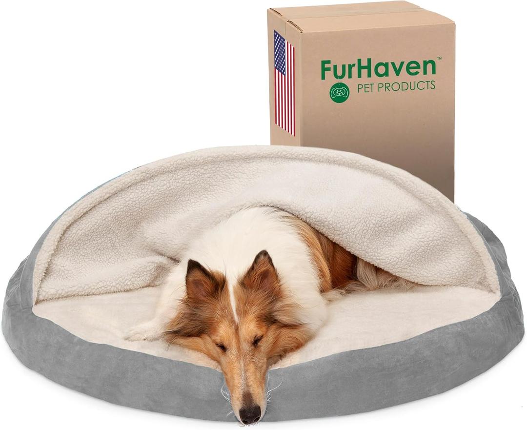 Furhaven 44" Round Orthopedic Dog Bed for Large Dogs w/ Removable Washable Cover, For Dogs Up to 80 lbs - Sherpa & Suede Snuggery - Gray, 44-inch (44.0"L x 44.0"W x 3.0"Th, Faux Lambswool & Suede Gray)