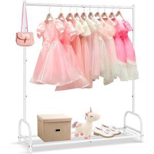 AUPSEN Kids Clothing Rack with Bottom Storage Shelf, Metal Toddler Dress Up Rack for Little Girls, Kids Dress Up Clothes Storage for Coats, Skirts, Dance Costume（White）