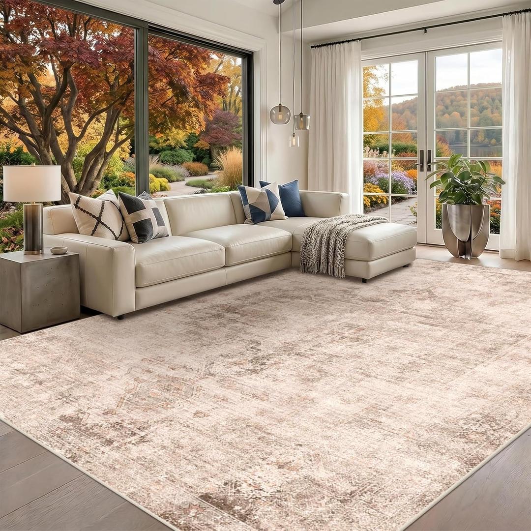 Hazo Haus Farmhouse Area Rugs for Living Room, 8x10 Washable Modern Abstract Rug for Bedroom, Dining Room Under Table & Home Office, Ultra-Soft Low Pile Design, Stain Resistant (Beige & Peach)