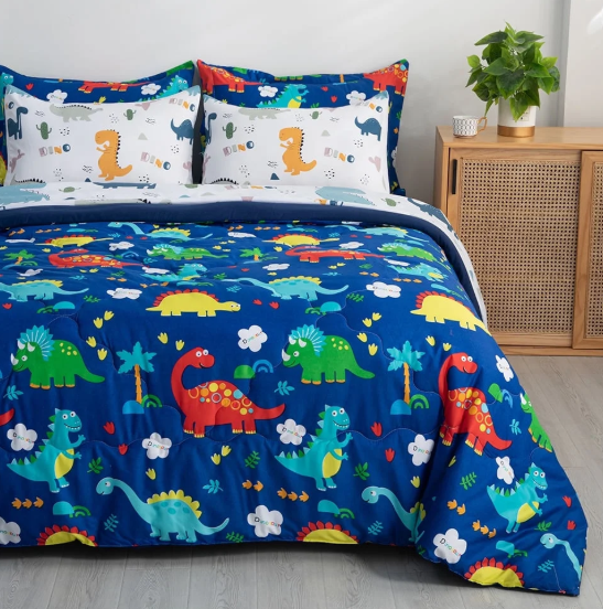 Wajade Kid Boys Comforter Set 7 Piece Bed in a Bag Bedding Set -3D Blue Dinosaur Wild Park Jungle Print Bedding Set with Comforter, Sheet Set, Pillowcase and Sham, Full Size