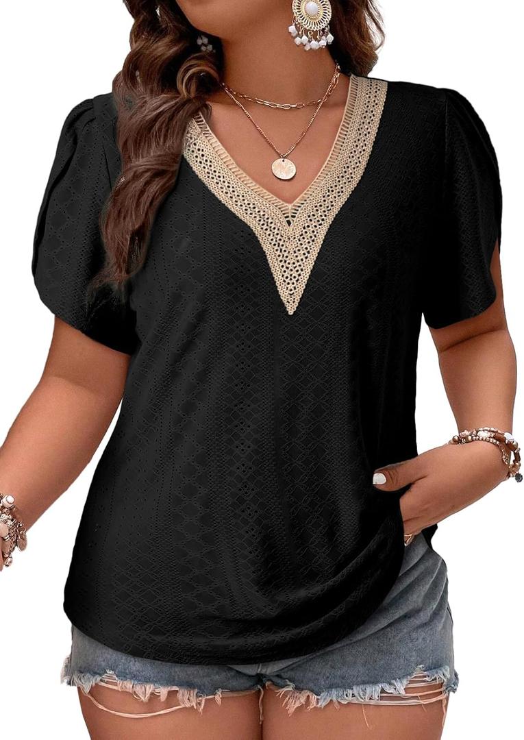 Eytino Womens Plus Size Tops Lace V Neck Petal Short Sleeve Blouse Eyelet Hollow Dressy Casual T Shirts(1X-5X) (2X, Black)