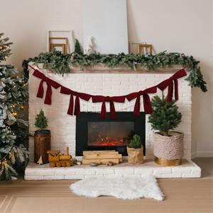 5.9ft Christmas Velvet Bow Garland Pre Strung Bow Garland Banner with 5 Pcs 12 x 12 Inches Giant Velvet Bows Reusable Vintage Decoration for Xmas Tree Fireplace Staircase(Burgundy)