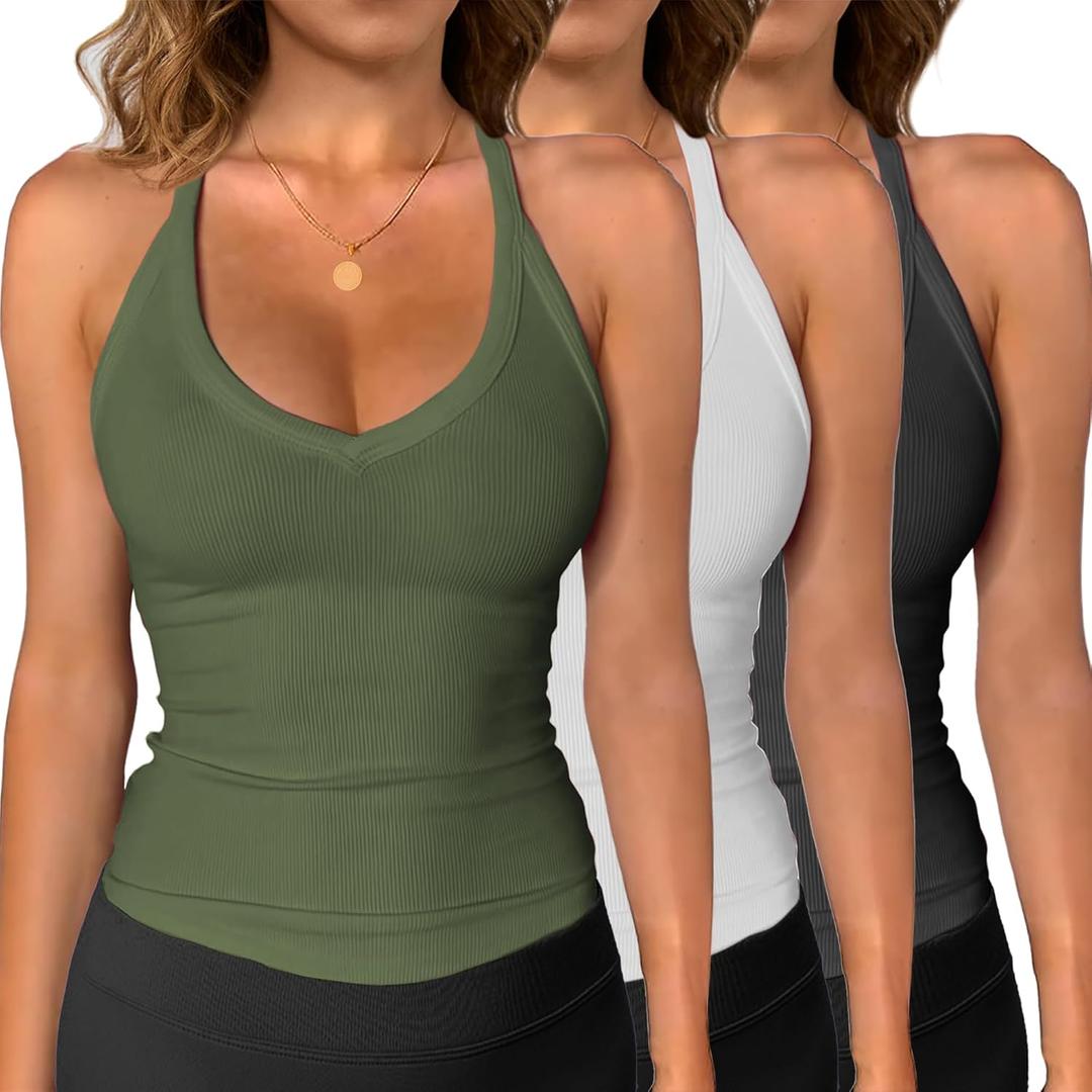 iGENJUN 3 Pack Workout Tops for Women Racerback Basic Tank Summer 2025 Camisole V Neck Slim Fit Ribbed Sleeveless (Medium, Black White Armygreen)