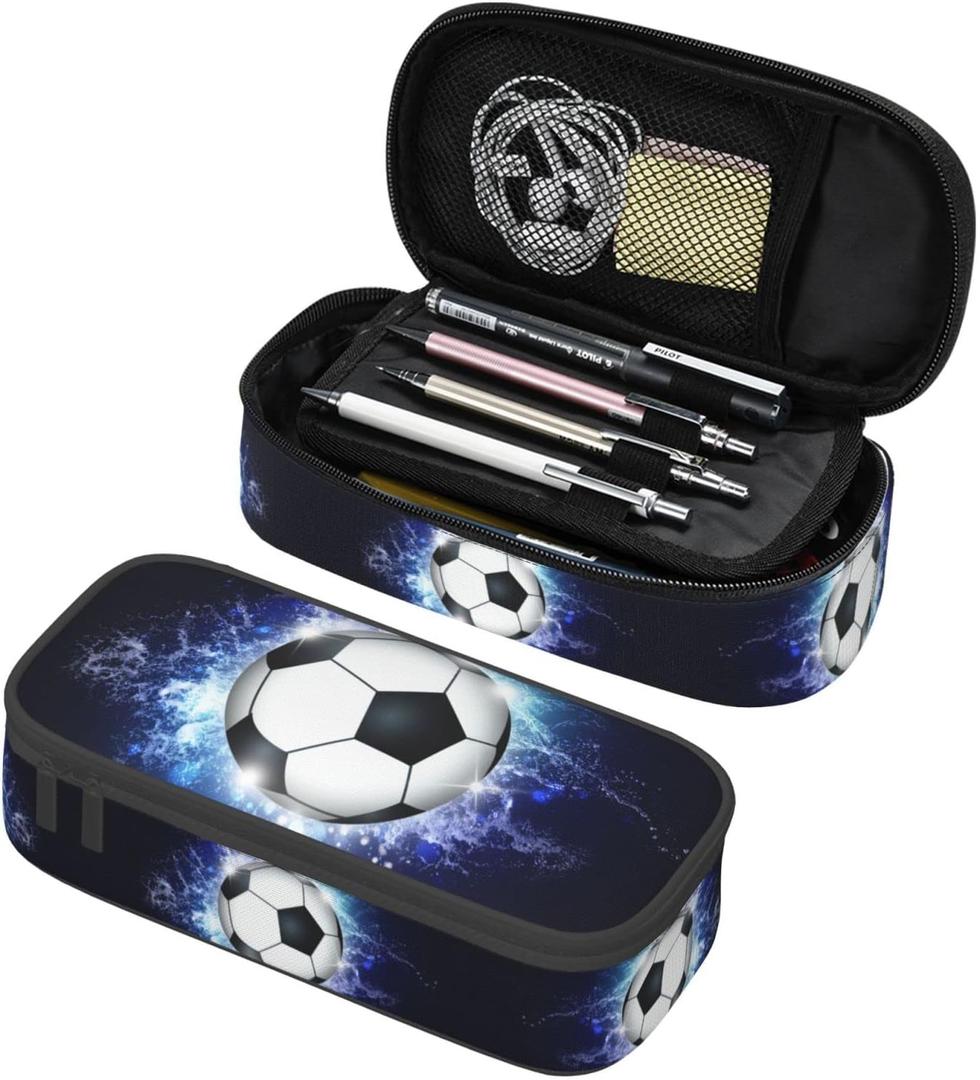Soccer Ball Pencil Box Sports Pencil Case for Boys Men, Large Capacity Durable Blue Black Pencil Pouch Storage Pen Bag Stationary Case with Double Zippers