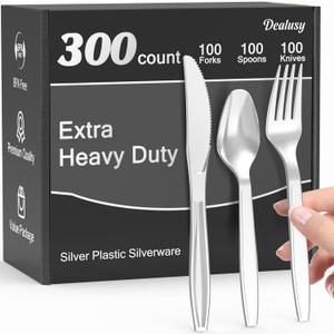 300 Count Extra Heavy Duty Silver Plastic Silverware, 100 Forks, 100 Spoons, 100 Knives, BPA-Free, Heat Resistant, Disposable Plastic Utensils Set, Plastic Cutlery Set, Plasticware Bulk