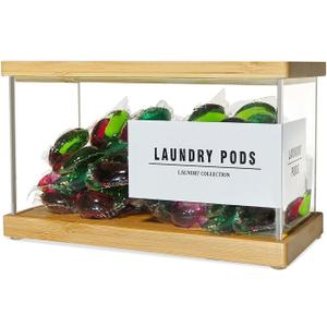 Laundry Pods Container, Acrylic Dishwasher Pod Container with Bamboo Lid and Extra Labels, Candy Dispenser Coffee Pod Holder for Home, Kitchen