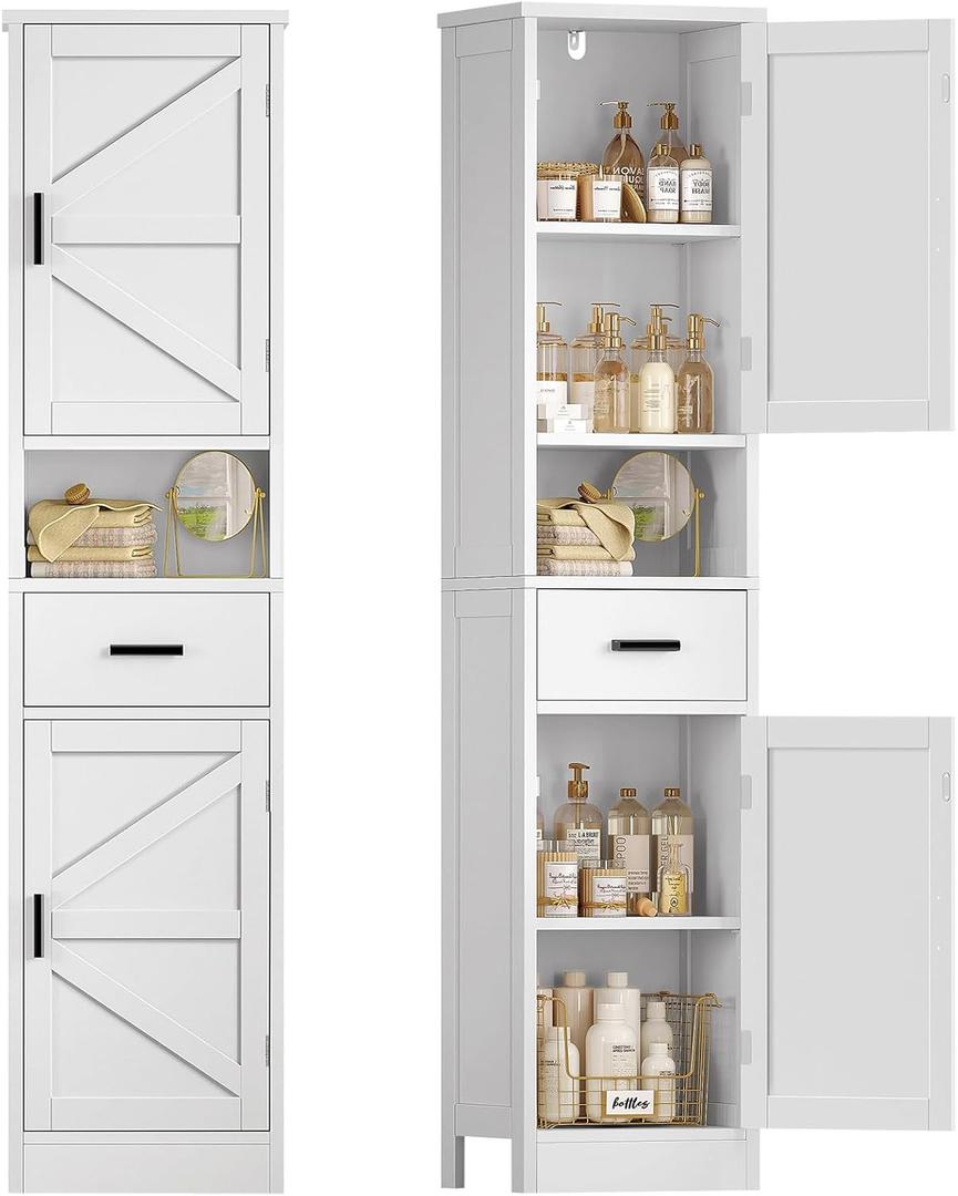 TEENFON 67" H Bathroom Storage Cabinet with Barn Doors & Adjustable Shelves, Bathroom Cabinet with Drawer, Narrow Bathroom Storage Unit, Floor Cabinets for Living Room, Kitchen, White, 11.8"D x 15.8"W x 67"H