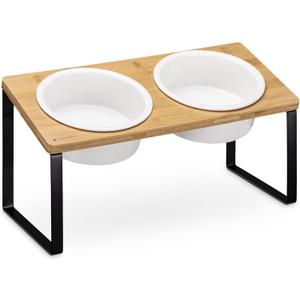 Navaris Dog Bowls with Stand - Large Double Stoneware Food Bowl Set for Dogs with Elevated Holder Made of Bamboo and Metal - 32 oz (950 ml) Capacity