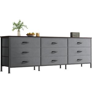 Huuger 63 Inch Dresser for Bedroom, Dresser for Closet with 9 Fabric Drawers, Large TV Stand for 55, 65, 70 Inch TV, Entertainment Center with Storage, Wide Long Chest of Drawers, Walnut and Dark Grey, 13.8"D x 63"W x 26.8"H