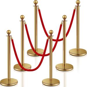 Ferraycle 6 Pcs 2026 Prom Stainless Steel Stanchion 5 ft Velvet Carpet Ropes and Pole Crowd Control Barriers Grand Opening Casino Movie Theme Party 360 Photo Booth Accessories (Gold)