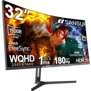 SANSUI 32-Inch Curved Gaming Monitor WQHD 2560 x 1440 180Hz Curved 1500R -1ms(OD), HDR, 300nits, sRGB 125%, DCI-P3 95%, FreeSync, HDMI x2, DP1.2x2(ES-G32C3 DP Cable Included)