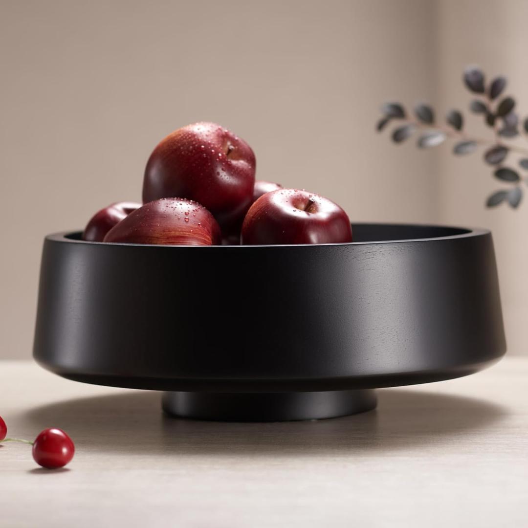 XL Black Fruit Bowl for Kitchen Counter, 14.2-inch Diameter Large Wooden Fruit Bowl, Natural Wood, Black Decorative Bowl Fruit Holder Fruit Basket for Kitchen