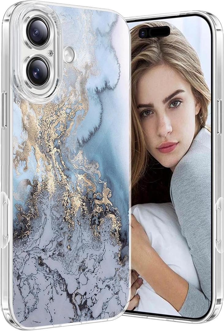 Fiyer Marble Case for iPhone 17 5G, Soft Silicone Clear TPU Case for Women, for iPhone 17 Cute White Blue Marble Pattern Anti-Scratch Shockproof Protective Cover for iPhone 17 6.3-inch 