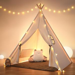besrey Kids Tent, Teepee Play Tent with Lights and Padded Mat, Portable Cotton Tipi for Indoor Reading and Playtime