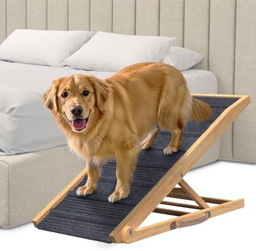 Pathosio Pets Adjustable Dog Ramp for Bed - Foldable Wooden Ramp for Dogs to Get on Bed, Couch, or Car - Ideal for Small, Medium, and Large Breeds (Natural Wood with Grey Carpet)