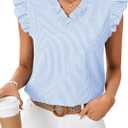 Rooscier Women's Striped Ruffle Cap Sleeve V Neck Casual Office Work Blouse Top Shirt (Blue, XL)