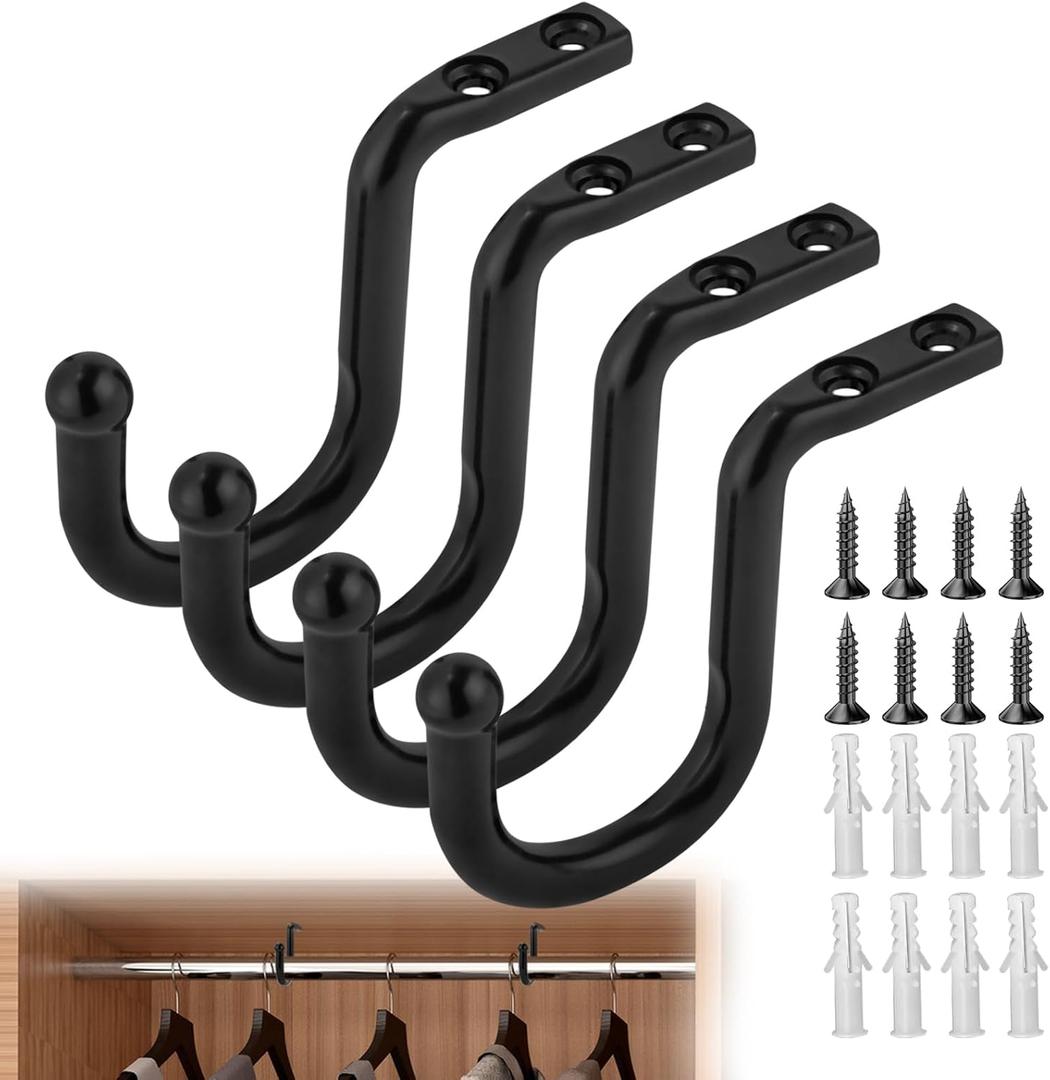 Closet Rod Bracket 4 Pcs Closet Rod Center Supports Hanger for up to 1-3/8 inch Rods, Heavy Duty Closet Rod Support Clothes Storage Hanger Provides Extra Support for Closet Rod (Black) Closet Rod Bracket 4 Pcs Closet Rod Center Supports Hanger for up to 1-3/8 inch Rods, Heavy Duty Closet Rod Support Clothes Storage Hanger Provides Extra Support for Closet Rod (Black)