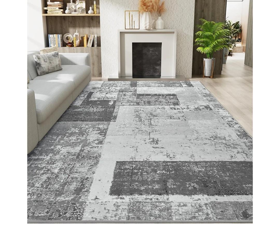 LOCHAS Rug for Living Room, Washable Soft Area Rugs for Bedroom 5x8, Abstract Carpet for Indoor Office Kids Dining Room Nursery Floor, Grey Geometric Vintage Home Decor, Non Slip, Pet Child Friendly