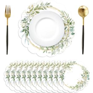 50Pcs Green Eucalyptus Leaves Round Paper Placemats,13.4 Inch Summer Wedding Round Table Mats Scalloped Disposable Placemats for Kitchen Dining Birthday Banquet Wedding Party Supplies
