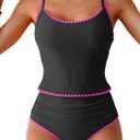 Eomenie Tankini Swimsuit for Women Tummy Control Ruched Two Piece Bathing Suits High Waisted Shell Stitch Swimwear (Medium, Black&hot Pink)