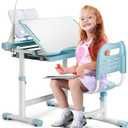 Rengue Kids Desk and Chair Set, Height Adjustable Children School Functional Study Desk with 55 Tiltable Desktop, 3 Modes & Brightness LED Light, Storage Drawer & Metal Hook for Boys Girls (Blue)