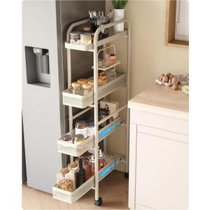 UMDONX Slim Storage Cart 4 Tier with Pull Out Basket Bathroom Organizer Rolling cart, Rolling Utility Cart Slide Out Organizer for Kitchen, Bathroom, Laundry White