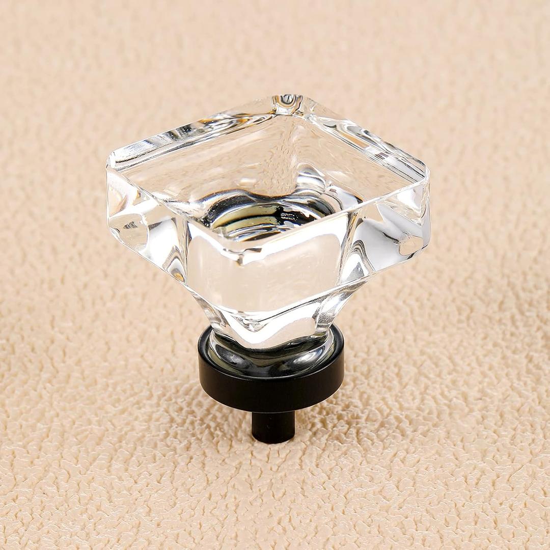 coolnews 4 Pack Crystal Glass Cabinet Knobs Dresser Knobs Drawer Knobs and Pulls for Kitchen Cupboard (Square 1-3/8 Inch, Black)
