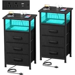 Night Stand Set 2 with Charging Station, End Table Set of 2 with 20 Colors LED Light Strip, 3 Fabric Drawers, Bedside Table with USB Ports and Outlets for Bedroom (Black)