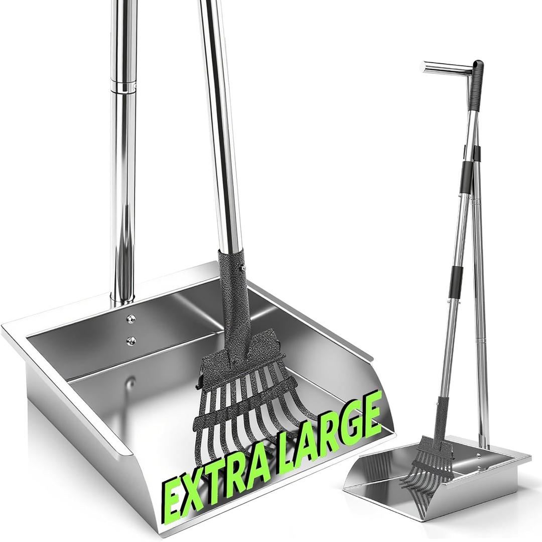 Pooper Scooper for Large Dogs,Dog Pooper Scooper Heavy Duty Long Handle Metal Tray Rake Shovel Set,Extremely Durable Metal Stainless Steel Dustpan for No Bending Clean Up Yard Grass.