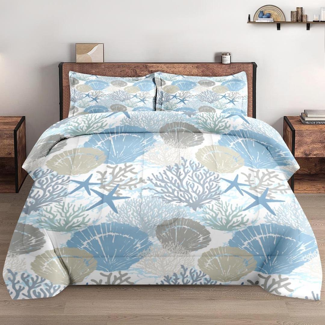Twin Size Comforter Set with Pillowcase, Sea Shells Coral Seashell Soft 2 Pcs Bedding for Kids and Adults, Underwater Vintage Retro Comforter Set for Room Bedroom Bed Decor