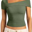 SUUKSESS Women One Off The Shoulder Summer Tank Tops Ruched Short Sleeve Shirts (Small, #1 Army Green)
