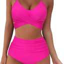 SUUKSESS Women High Waisted Bikini Criss Cross Swimsuits Push Up Bathing Suits(M, Hot Pink)
