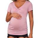 GINKANA Maternity Shirts Short Sleeve Summer Tops Twist Front Deep V Neck Maternity Blouse Casual Tees Tunics for Daily Wear,Pink,XL (Pink, XL)