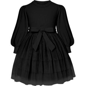 Toddler Girl Tulle Dress Puff Long Sleeves Tutu Dresses with Tie Belt for Princess Brithday Party 1-6T