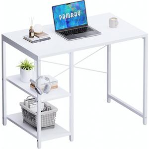 Pamray 32 Inch Small Computer Desk with Shelves, Home Office Desk with Headphone Hook for Bedroom, Study Writing PC Table for Small Spaces, White