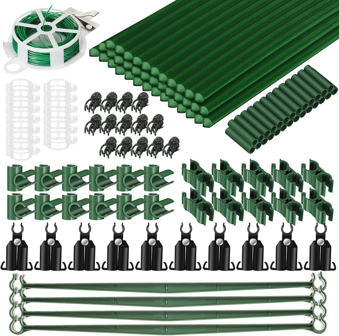 176 Pcs Garden Stakes Set Include 40 Pcs Steel Plant Stakes Tomato Support Sticks and Accessories DIY 4ft 5ft 6ft 7ft Support Sticks for Vegetables Tomato Pepper Orchid Fences Indoor Outdoor