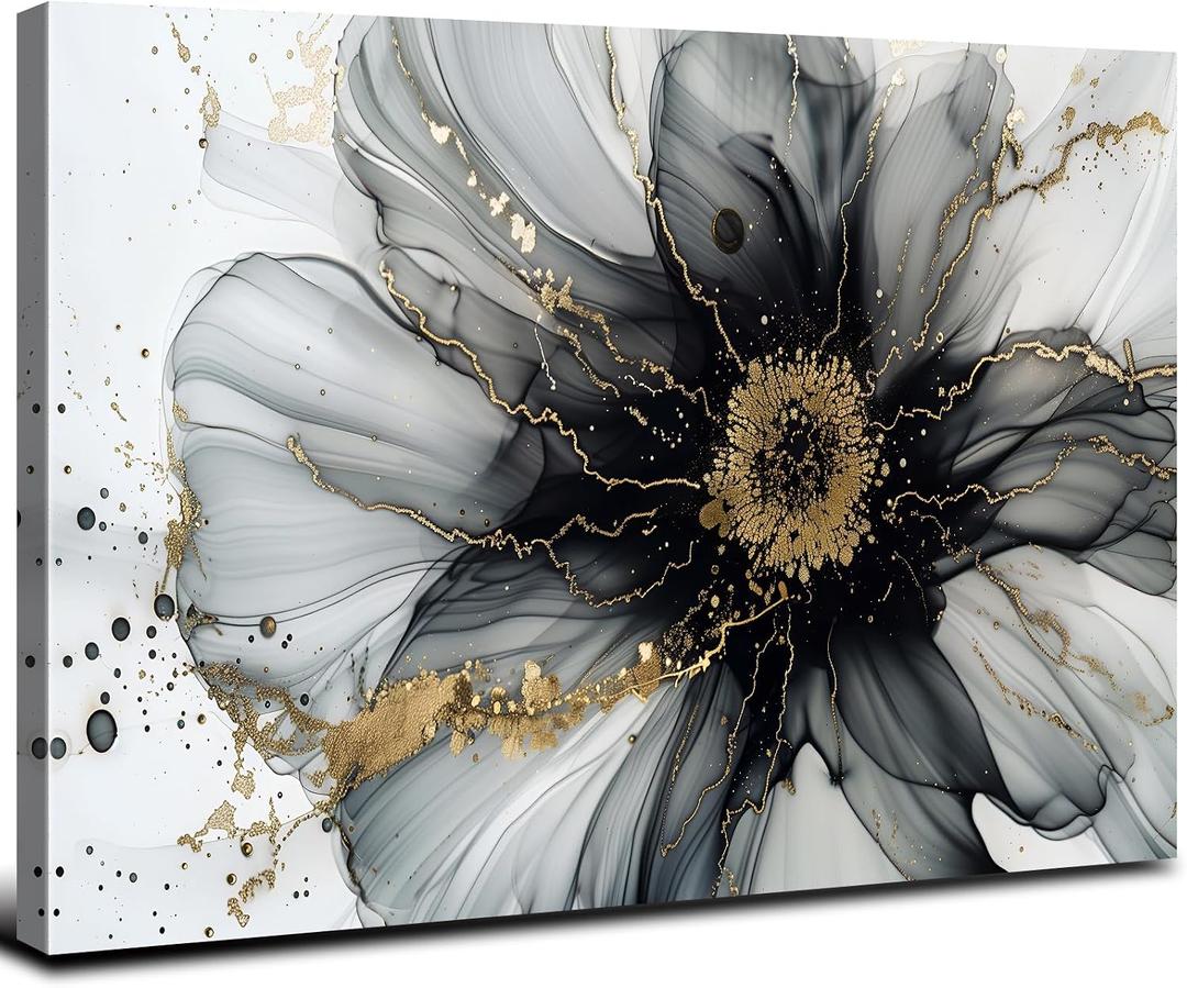 Black and White Gold Abstract Wall Art Modern Wall Decor Marble Flower Fluid Picture Canvas Prints for Bathroom Living Room Watercolor Minimalist Abstracted Painting Artwork Home Decoration 16x24