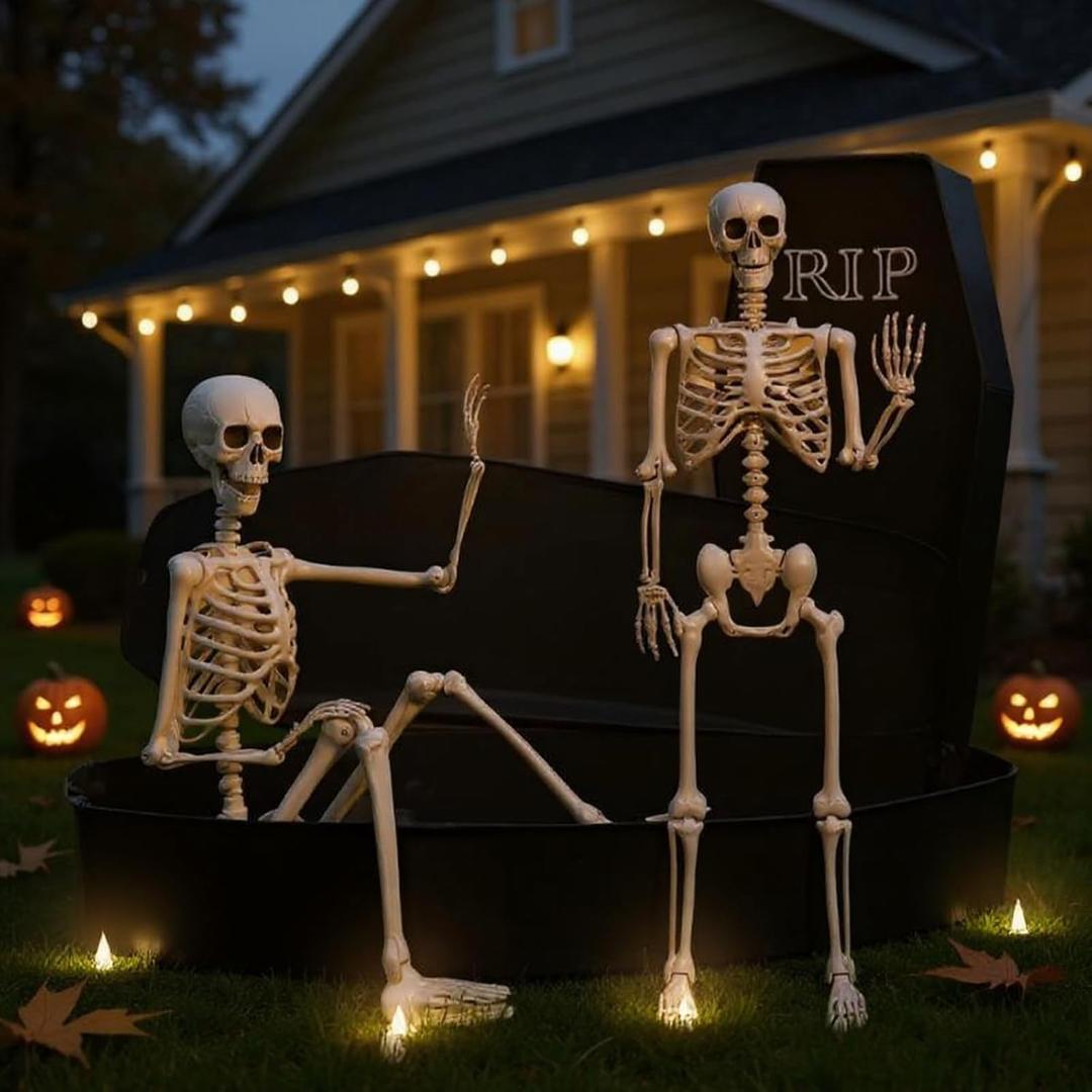 Liliful 4 Pcs 5.3 ft Halloween Coffins and Skeletons Outdoor Decorations, Coffin Prop with Lid Pop up Caskets Life Size Poseable Skeleton Horror Props Human Bones for Haunted House Grave Yard Decor